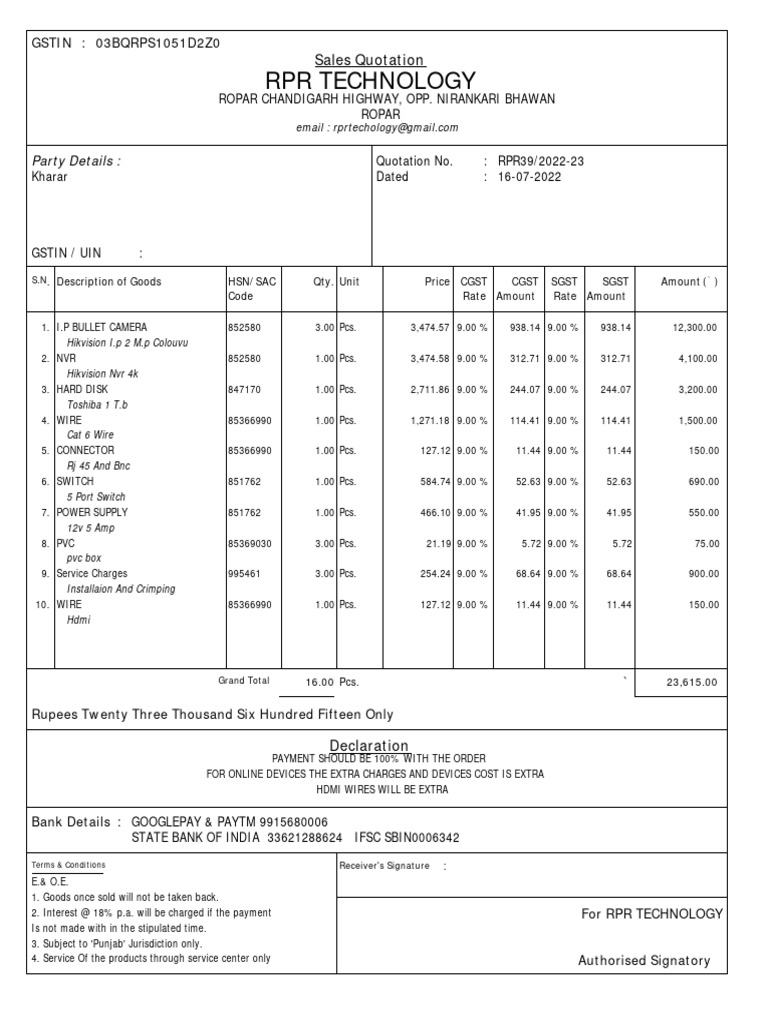 RPR Technology Sales Quotation RPR39 | PDF | Electronics | Computer ...
