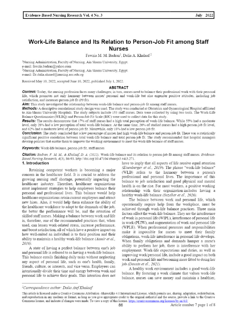 View of Work-Life Balance and Its Relation To Person-Job Fit Among ...