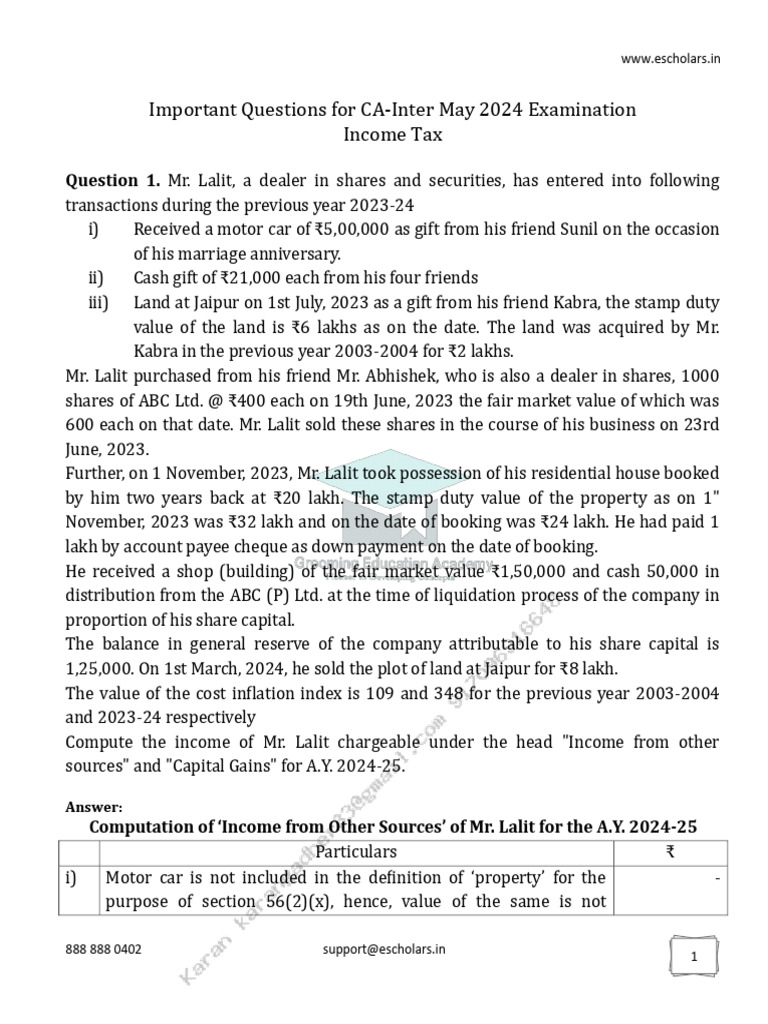 CA Inter Income Tax Important Questions PDF | PDF | Payments | Capital ...