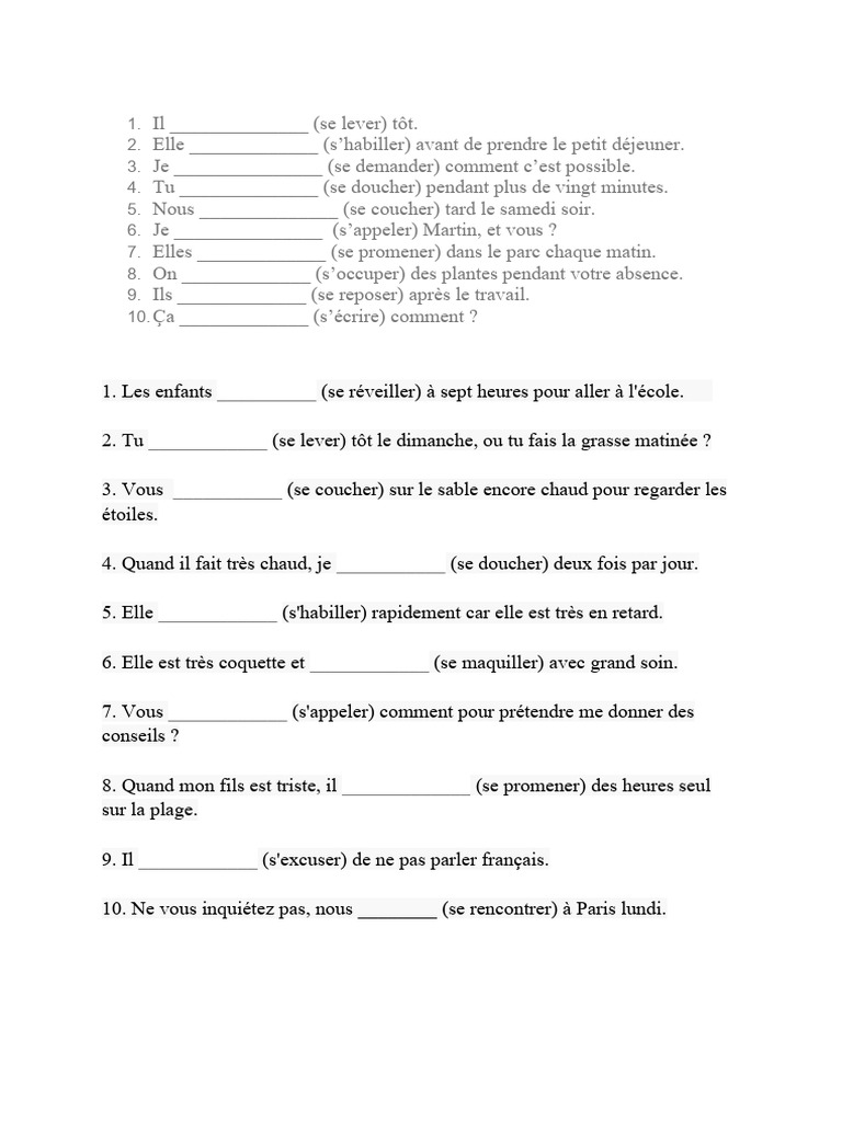 Exercices sur les verbes pronominaux | PDF | Maison et jardin ...