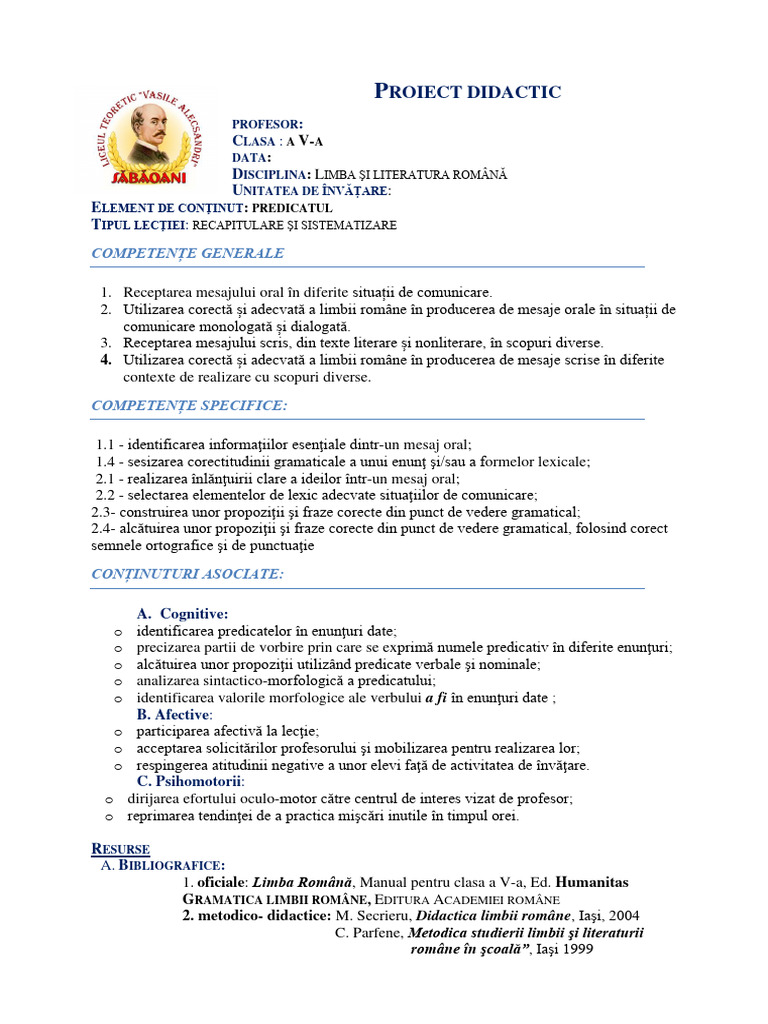 Proiect Didactic - Model Traditional - Predicatul-Clasa A V-A | PDF