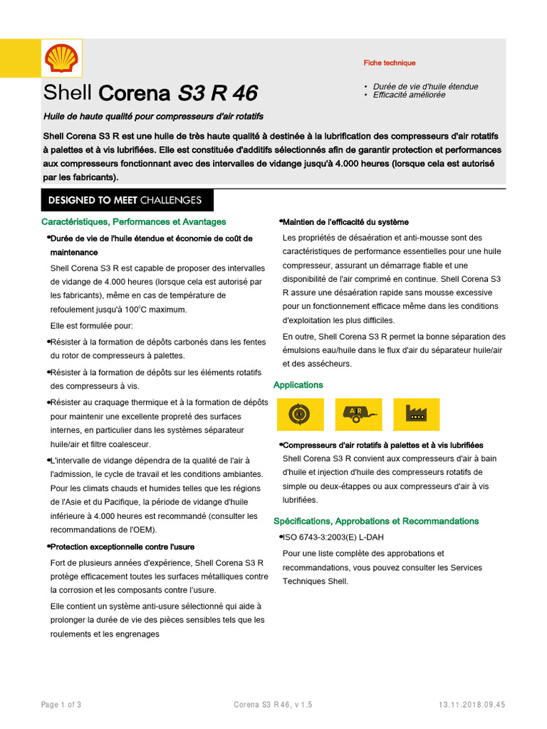 Shell Corena S3 R 46 : Huile Compresseur | PDF | Huile de moteur