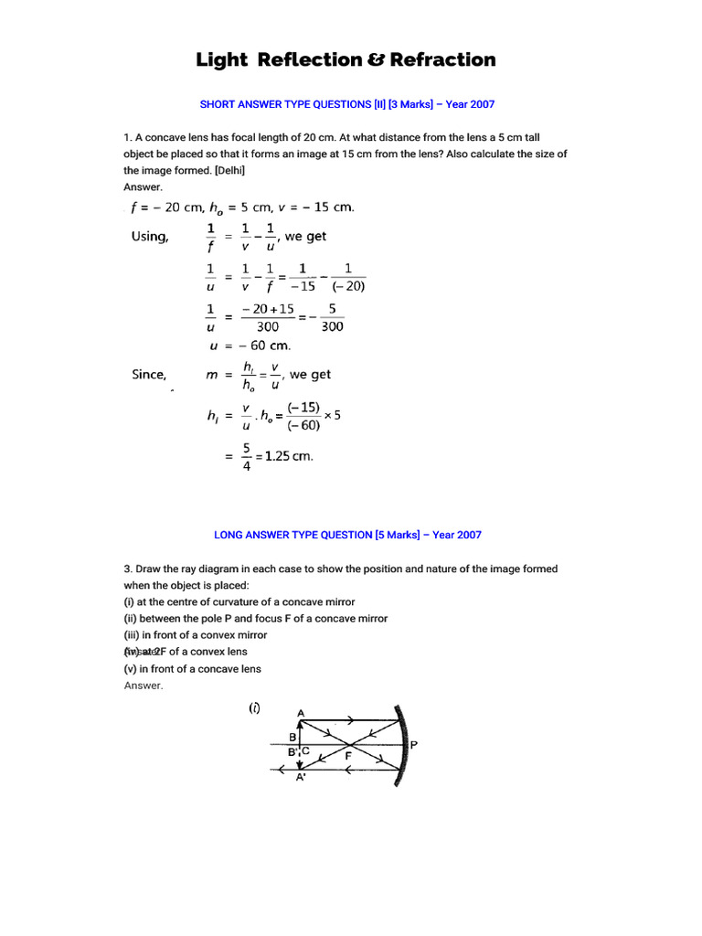 Physics Questions on Light and Optics | PDF | Mirror | Refractive Index
