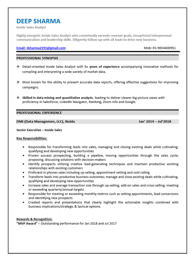 CV+ +Deep+Sharma-+Inside+Sales | PDF | Sales | Business