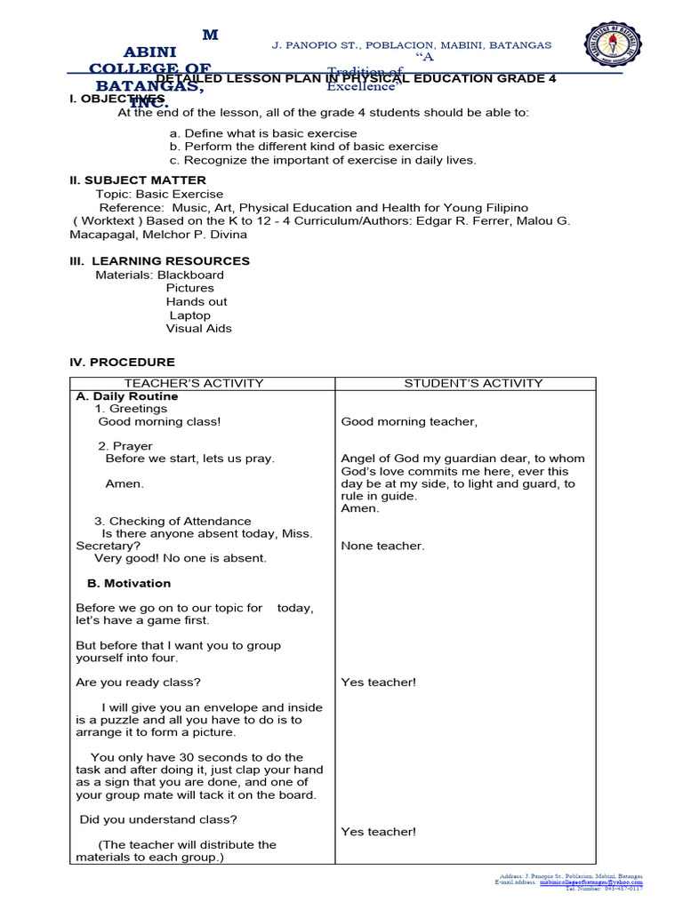 DETAILED LESSON PLAN IN PHYSICAL EDUCATION GRADE 4 Download Free PDF