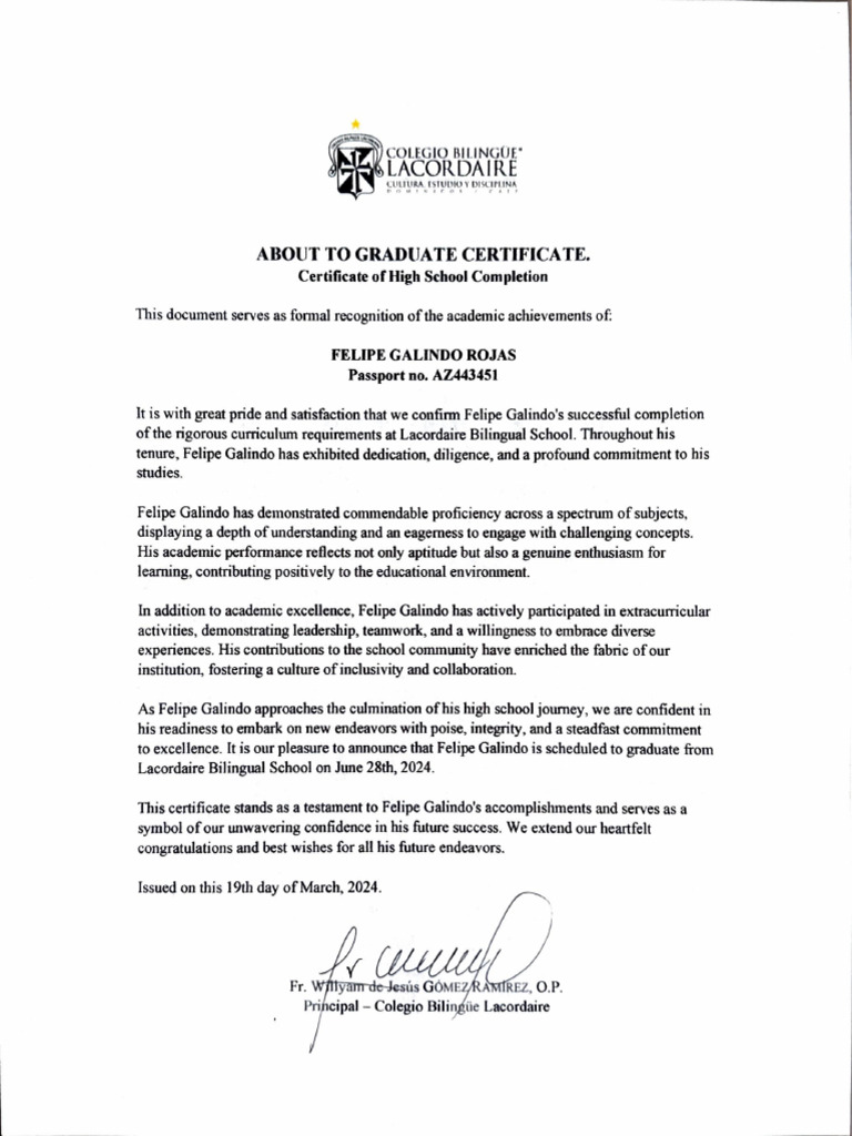 High School Completion Certificate for Felipe Galindo | PDF