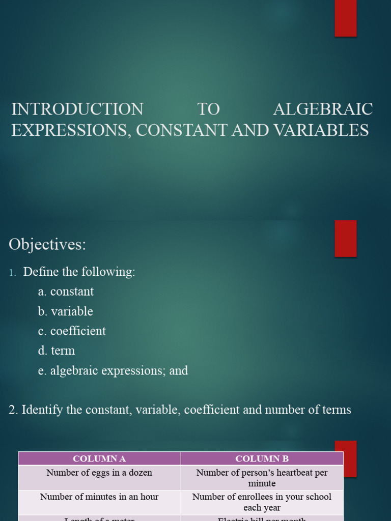 Introduction To Algebraic Expressions, Constant and Variables | PDF ...