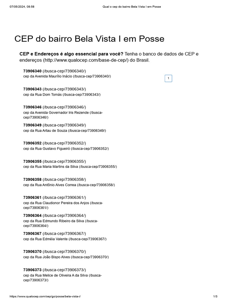 CEP do Bairro Bela Vista I em Posse | PDF | Endereço (Geografia) | Brasil