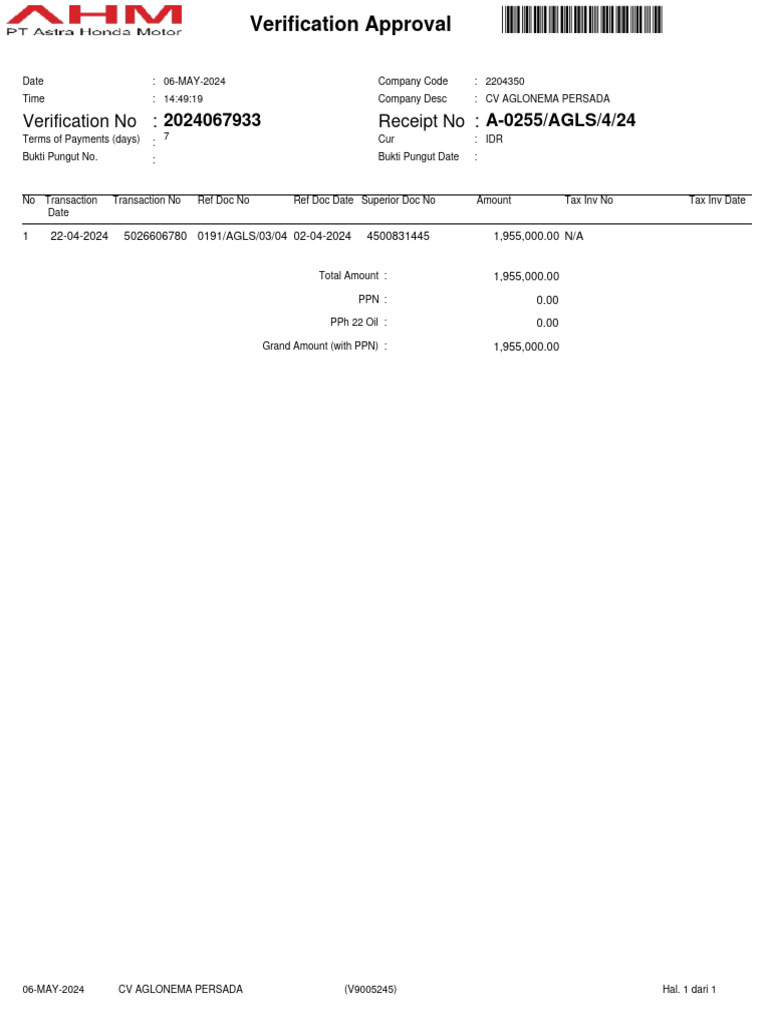 Verification of Honda Motor Receipts | PDF | Indonesian Rupiah