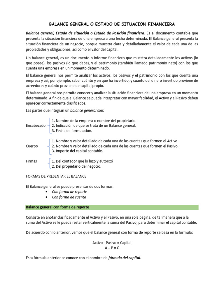 Balance General o Estado de Situacion Financiera | Descargar gratis PDF ...