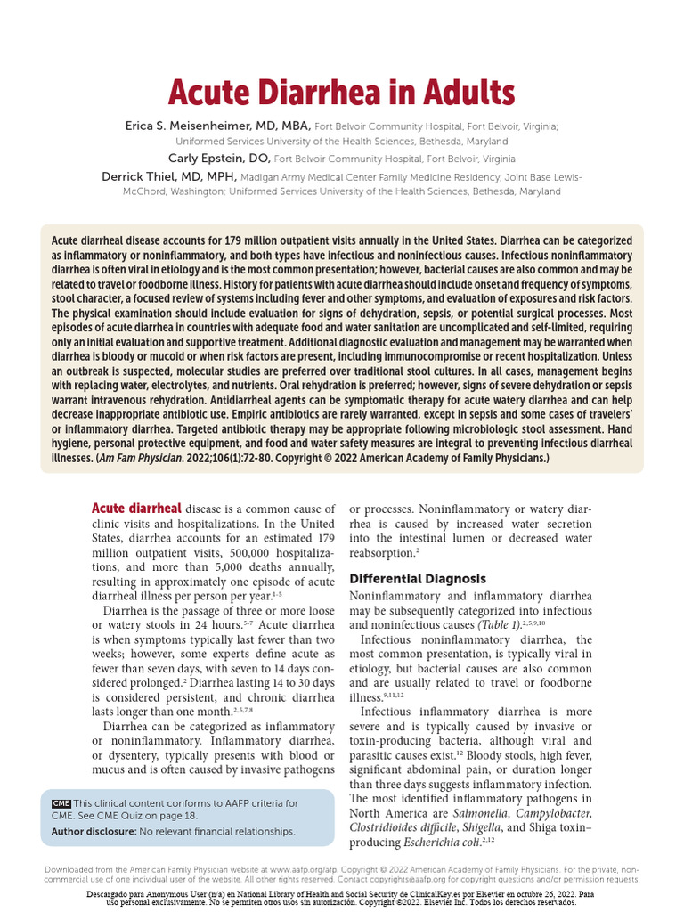 Acute Diarrhea in Adults AAFP 2022 | PDF | Diarrhea | Infection