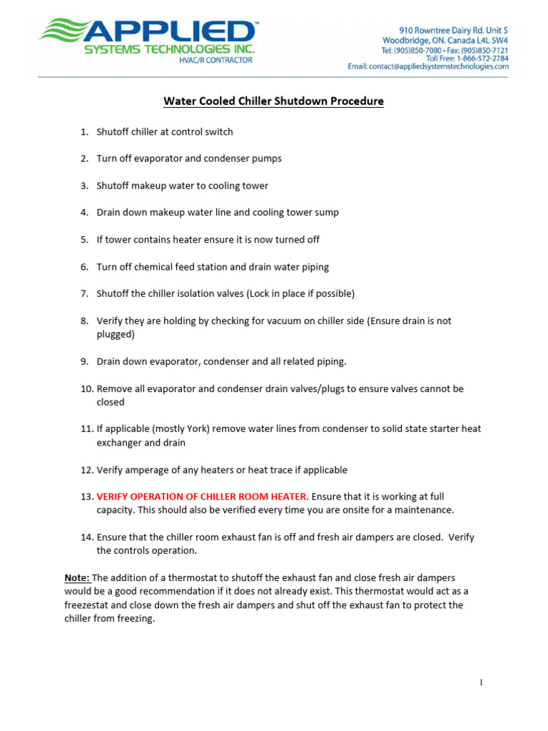 Water Cooled Chiller Shutdown Procedure Pdf