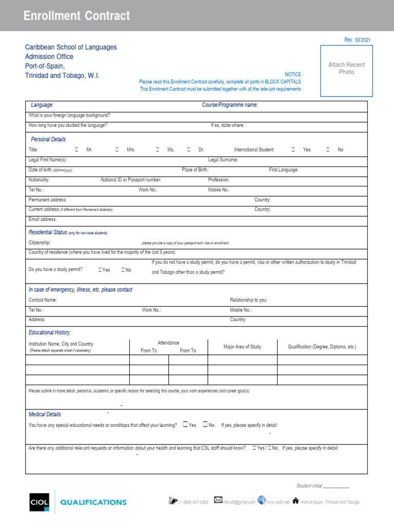 Caribbean School of Languages Enrollment Form | PDF | Harassment ...