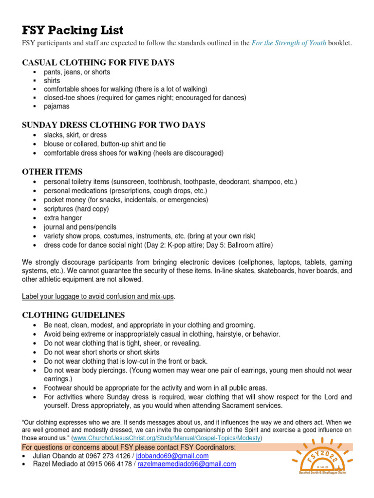 FSY Packing List Download Free PDF Clothing Dress