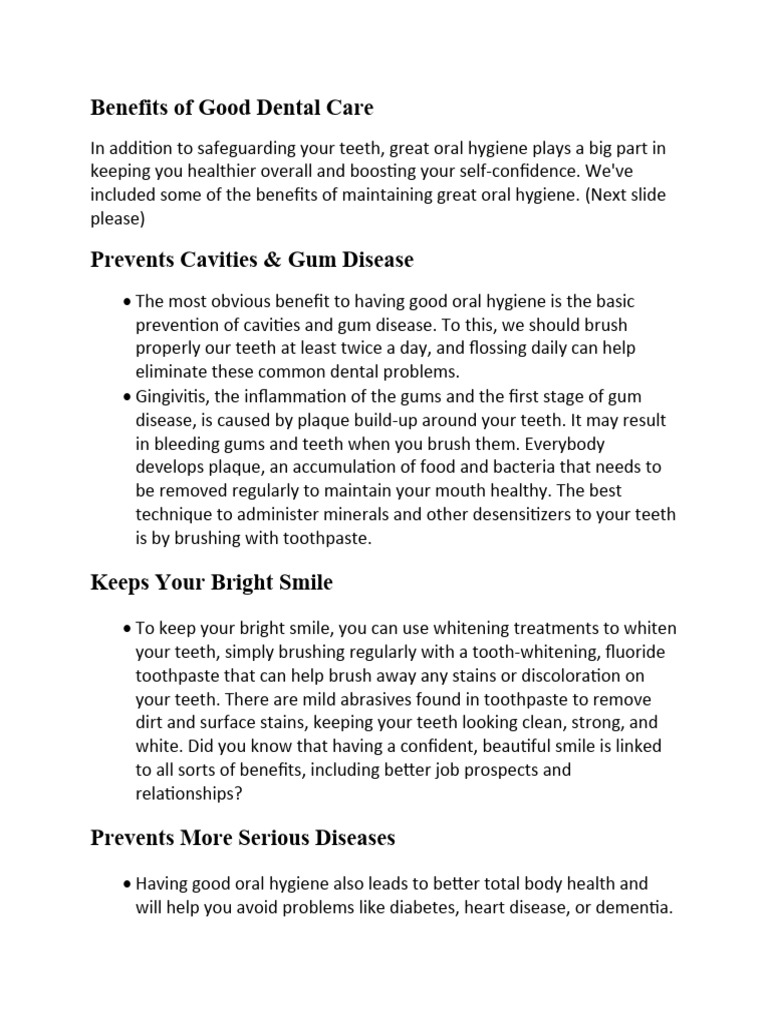 Benefits of Good Dental Care - Edited | PDF | Oral Hygiene | Human Tooth