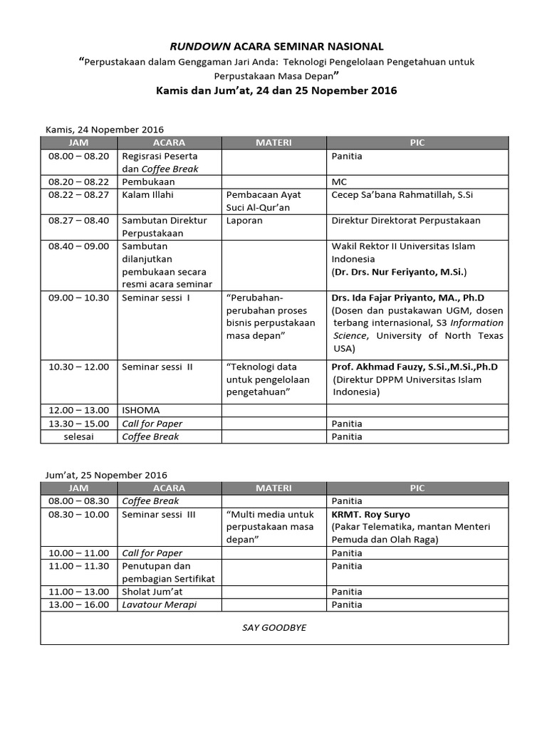 Rundown Seminar Nasional Perpustakaan | PDF