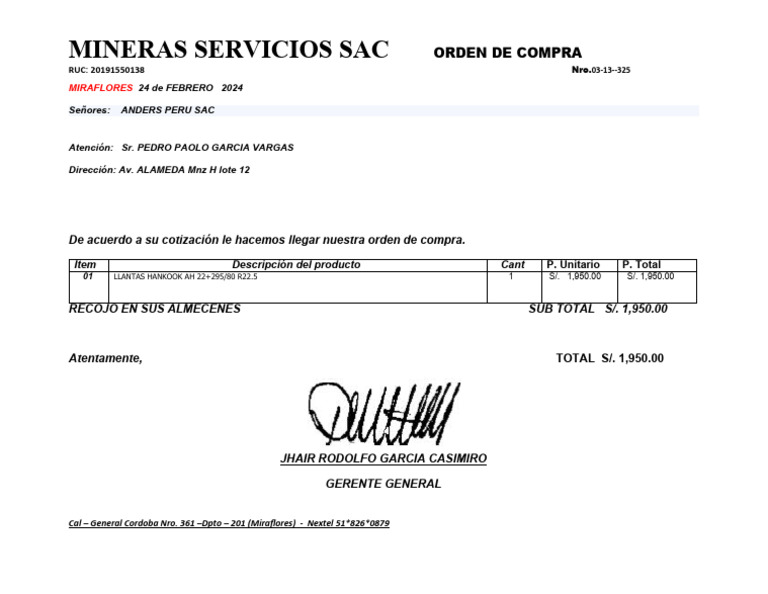 Orden de Compra de Llantas Hankook | PDF