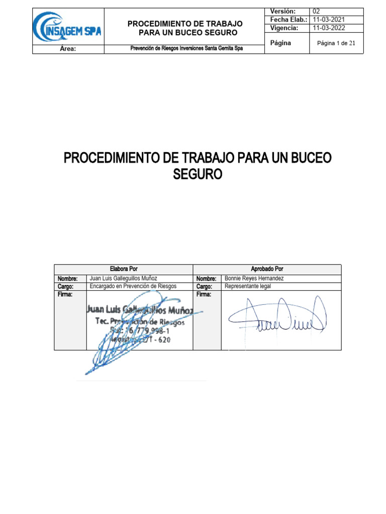 Procedimiento de Buceo Seguro 2021 | PDF | Buceo bajo el agua