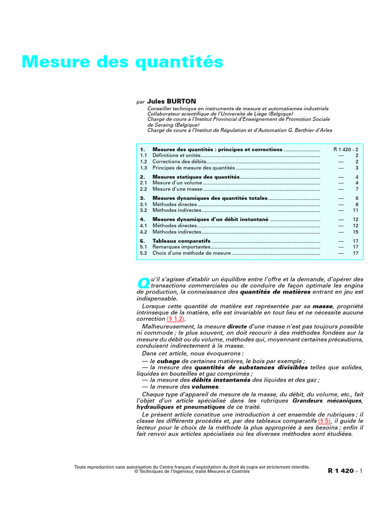 Mesure des Quantités de Matière | PDF | Masse | Pression