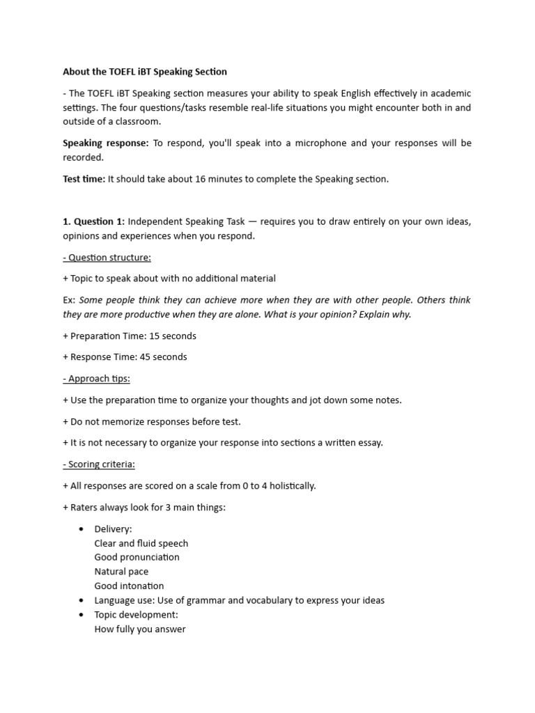 TOEFL iBT Speaking Section Overview | PDF | Test Of English As A ...