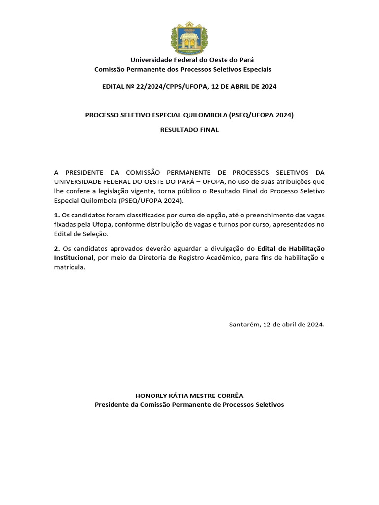 Resultado do PSEQ Quilombola 2024 UFOPA | PDF | Estágios educacionais ...