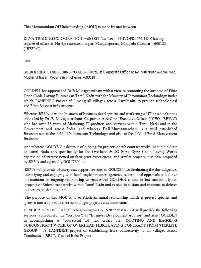 Fibre Optic Project Partnership MOU | PDF | Arbitration | Civil Law ...