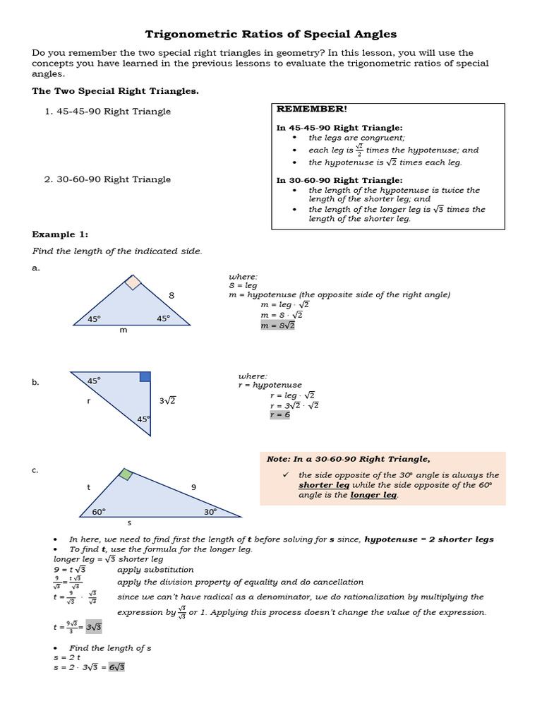 Trigonometric Ratios of Special Angles | PDF | Triangle | Trigonometry