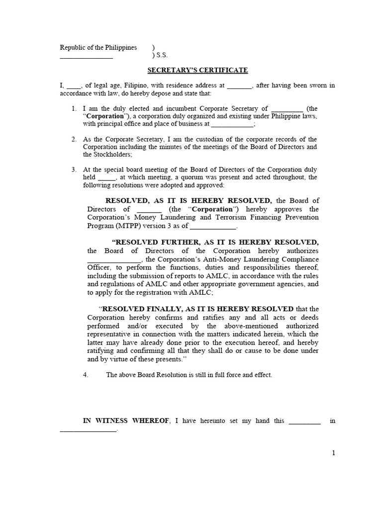 Sec Cert (MTPP) | PDF | Board Of Directors | Justice