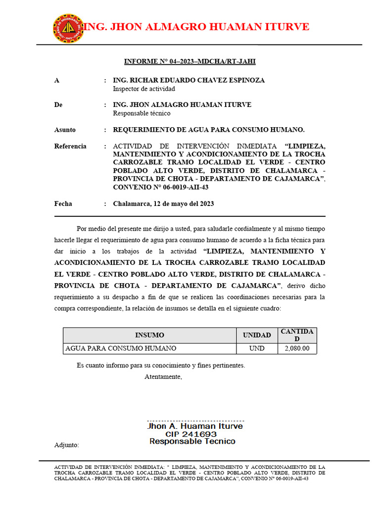 INF 4 REQUERIMIENTO DE AGUA PARA CONSUMO HUMANO | PDF
