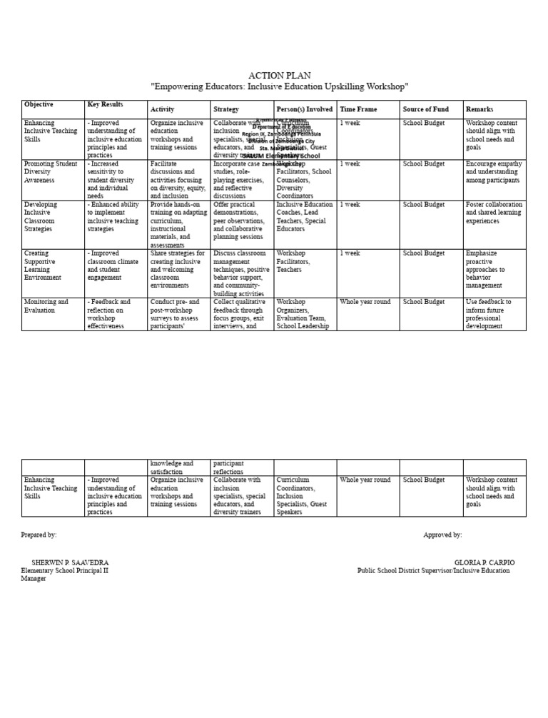 Action Plan For Inclusive | PDF | Inclusion (Education) | Teachers