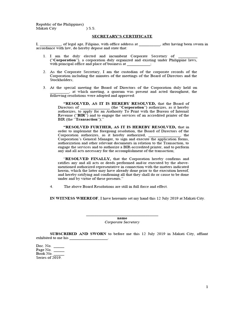 Corporate Secretary's Certificate Template | PDF | Justice | Crime ...