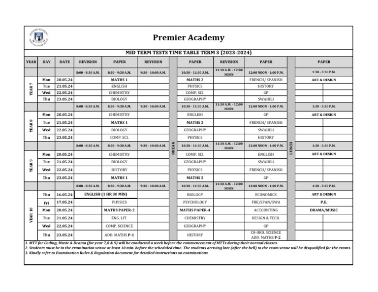 Mid Term Tests Schedule 2023-2024 | PDF | Science