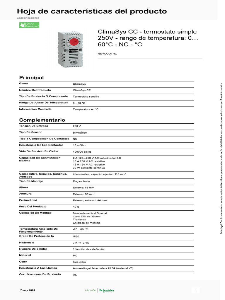 Schneider Electric | NSYCCOTHO | Thermostaat maakcontact, 230V - Thermostaat voor kast 0 ... 60 ° C NSYCCOTHO | Thermostaat schakelkast