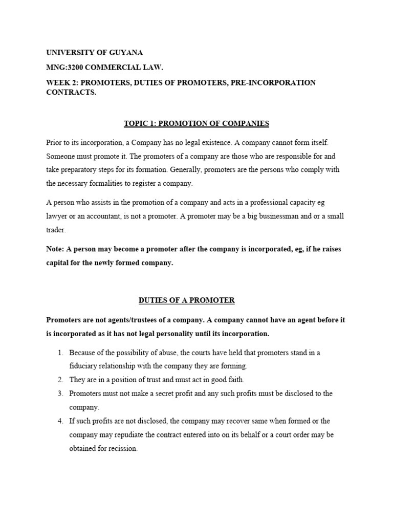 Lecture notes promoters pre incorporation contracts and the internal