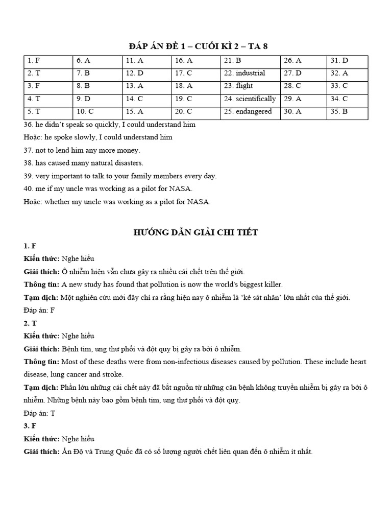 ĐÁP ÁN ĐỀ 1 - TA 8 | PDF