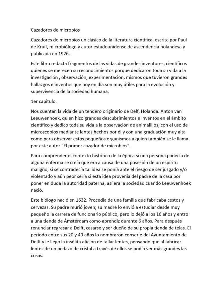 Cazadores de microbios Resumen | PDF | Luis Pasteur | Microorganismo