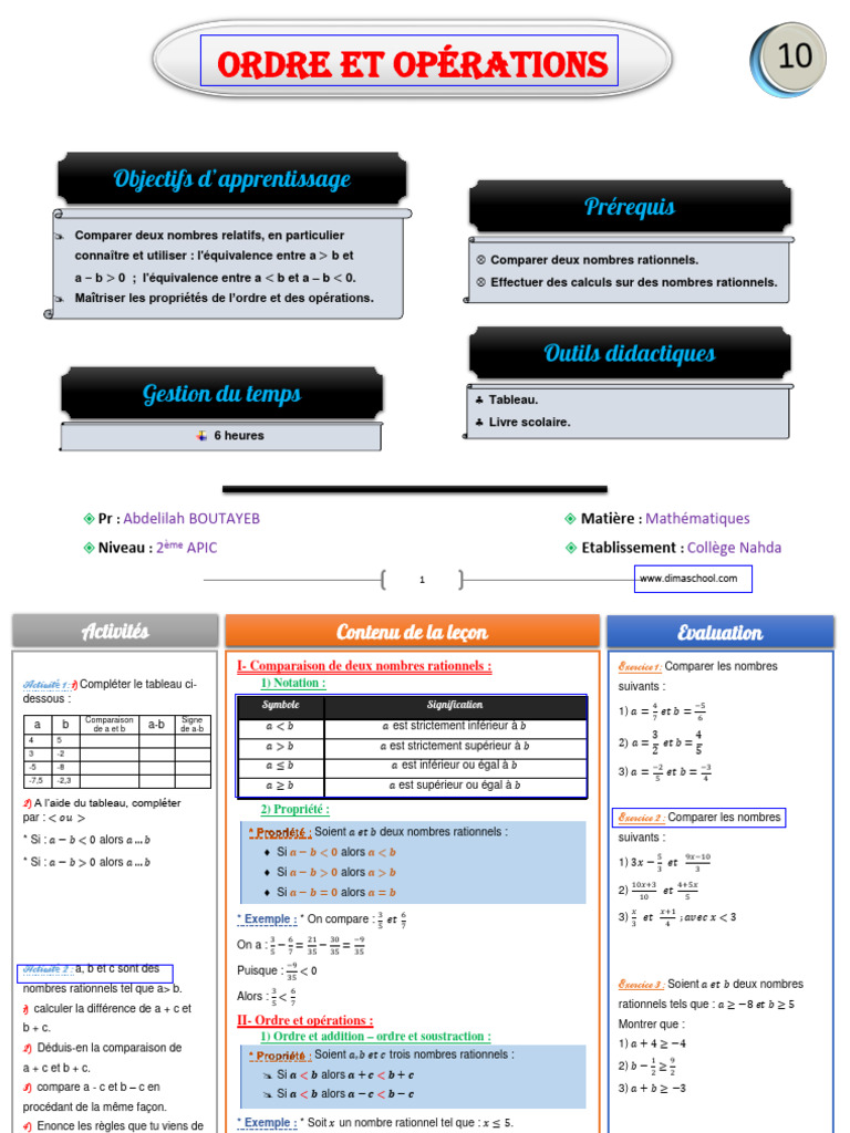 Ordre et Opérations en Mathématiques 2AC | PDF | Mathématiques ...