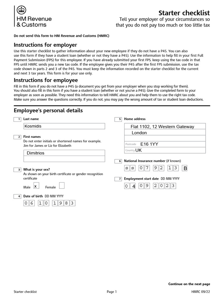 2023 2024 Starter Checklist Dimitrios Kosmidis PDF Pension