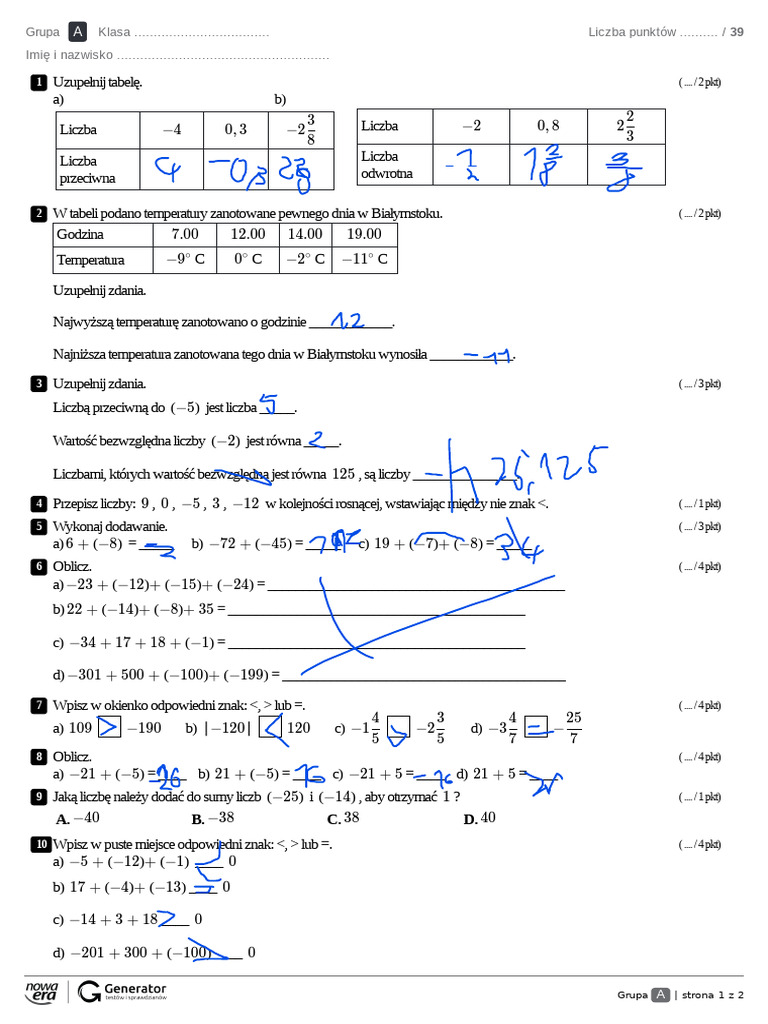 Sprawdzian Matematyka Z Kluczem Klasa 6 Liczby Całkowite