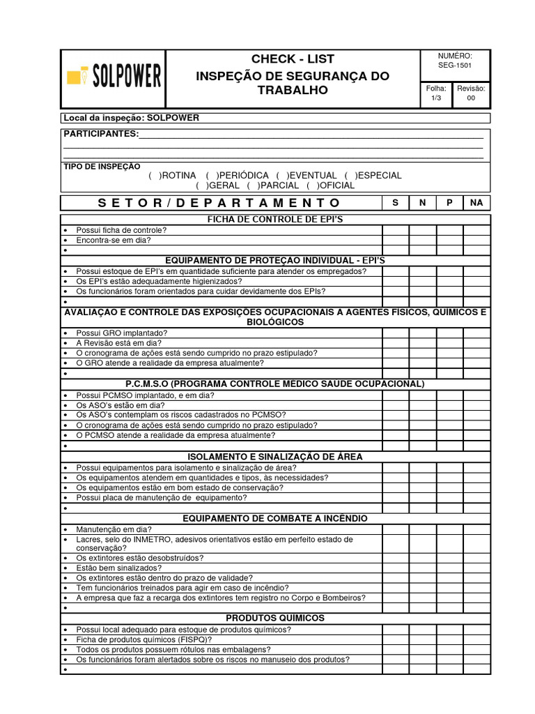 Checklist de Inspeção de Segurança do Trabalho | PDF | Embalagem e ...