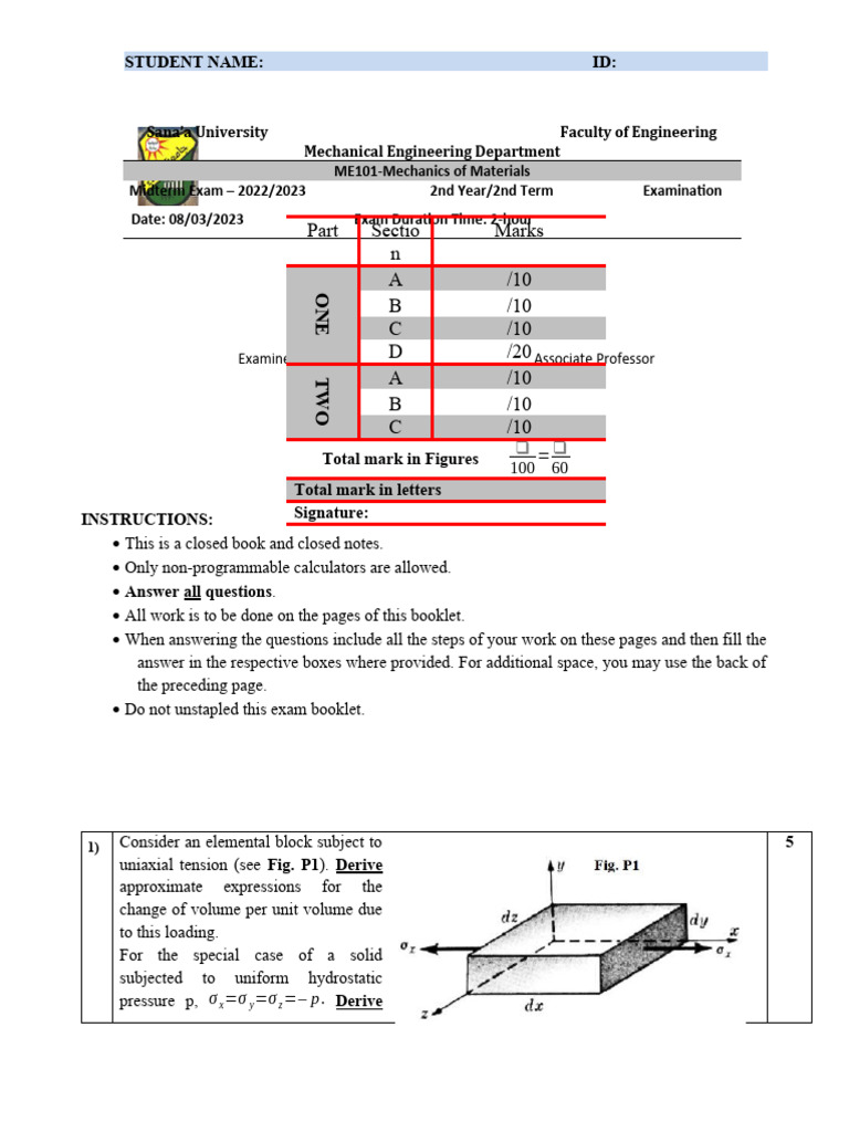 Mtexam1 Strength Of Materials 2022 2023 Pdf Young S Modulus