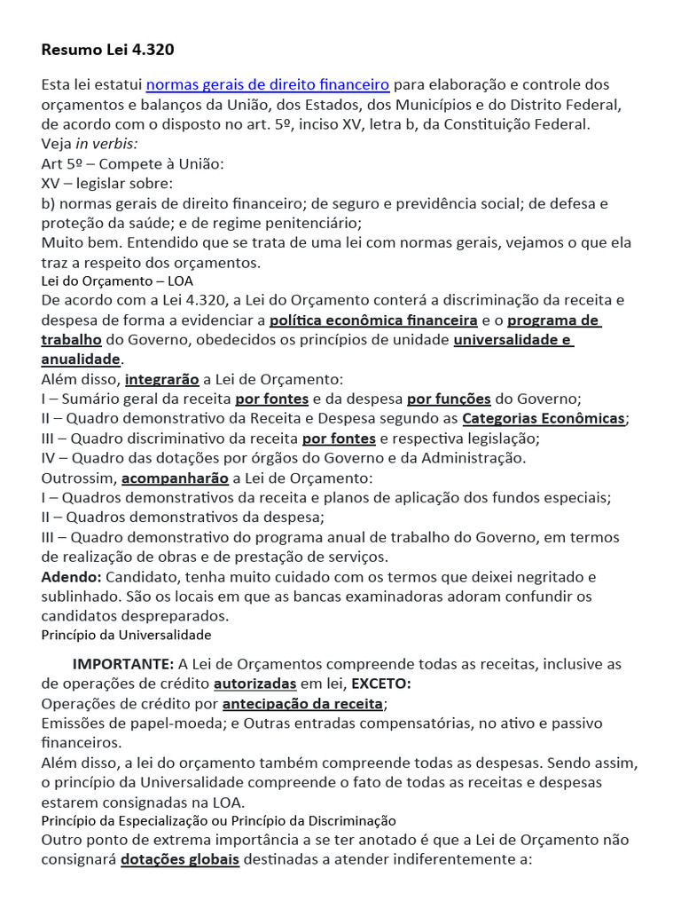 Resumo Lei 4320 | PDF | Orçamento governamental | Orçamento