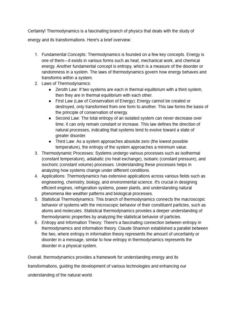 Overview of Thermodynamics Principles | PDF | Thermodynamics | Entropy