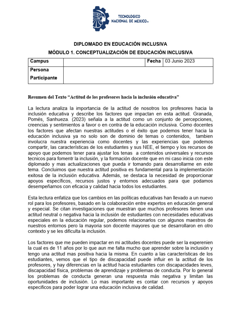 Actitud Docente hacia la Inclusión Educativa | PDF | Invalidez ...