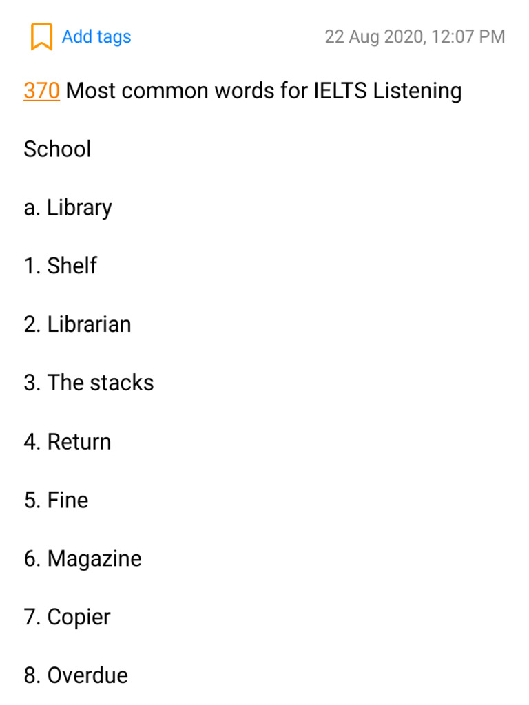 IELTS Listening Vocabulary | PDF | Books | Libraries