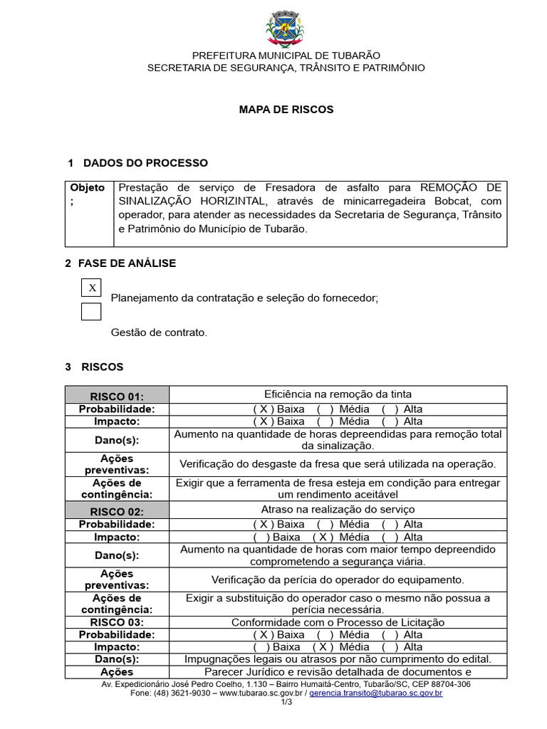Mapa de Riscos: Remoção de Sinalização | PDF