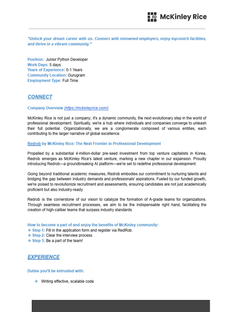 Fresher - McKinleyRice Junior Python Developer - JD | PDF | Amazon Web ...