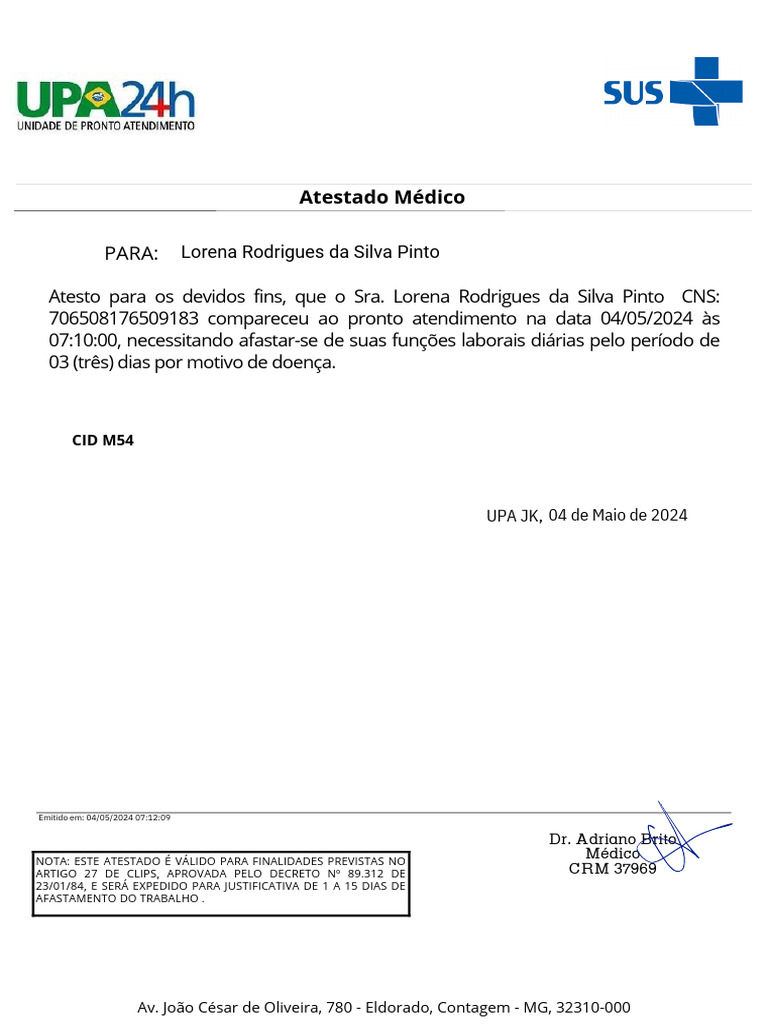 Atestado Médico UPA - 3 Dias de Afastamento | PDF
