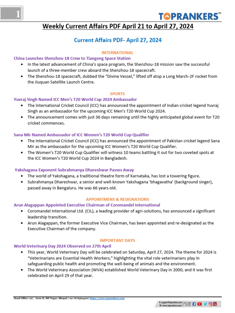 Weekly Current Affairs PDF 21 April To 27 April 2024 027ea7715ac49 ...