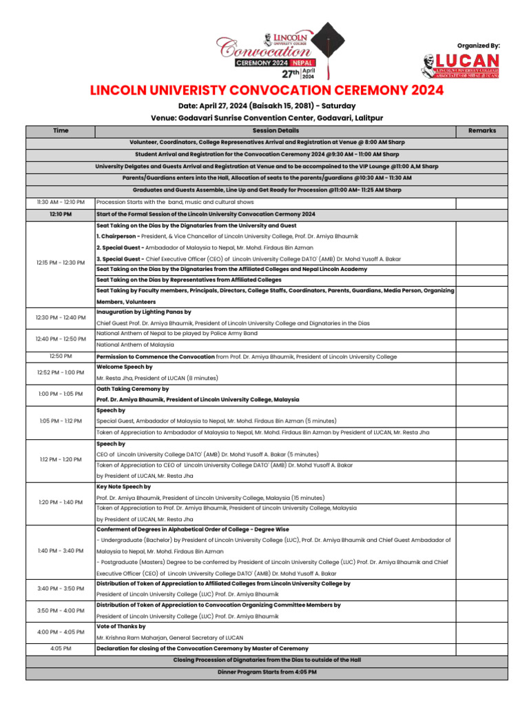 Lincoln University Convocation 2024 Schedule | PDF